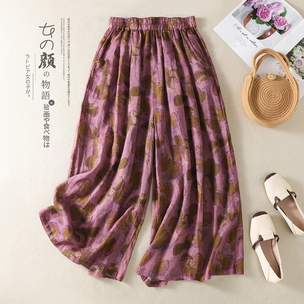 Retro Floral Print Wide Leg Pants Women's Casual Artistic Elastic Waist Skirt Pants Summer Thin Lyocell Polyester Blend