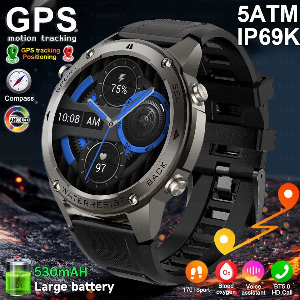 Nuevo reloj inteligente deportivo militar con GPS para exteriores, brújula integrada, altímetro barométrico Real, reloj inteligente deportivo resistente al agua hasta 5ATM para hombres