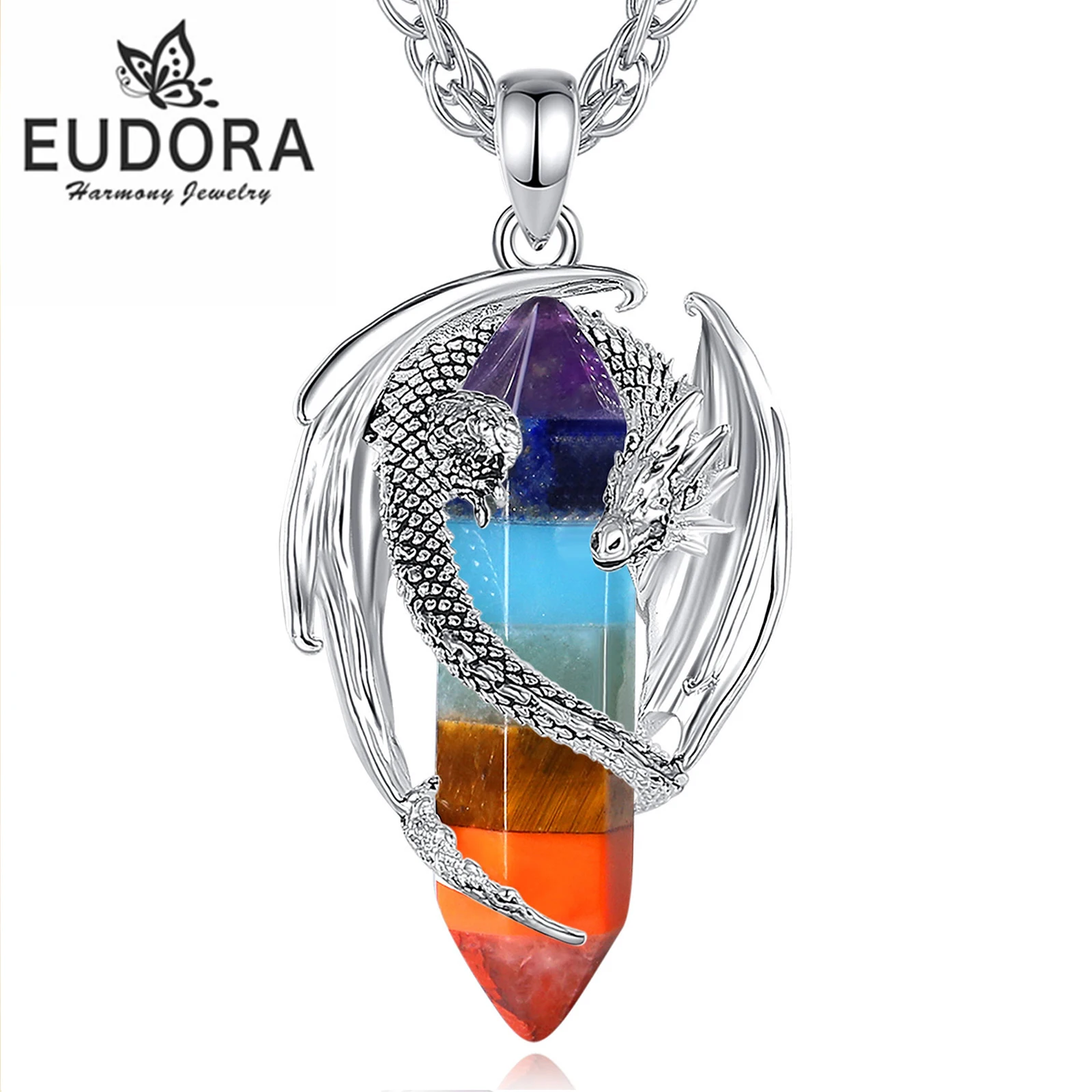 Eudora Dragon Twining Hexagonal Natural 7 chakras Crystals Prismatic Necklace Punk 7 Color Chakra Pendant Malachite Jewelry Gift