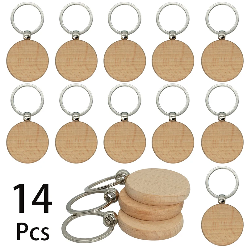 14Pcs Round Wooden Keychain Wood Keyrings DIY Wood Blanks Tags Gifts ID Craft Pendants