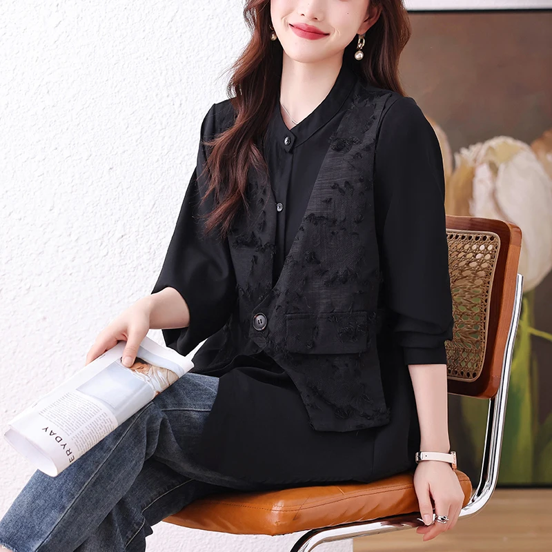 #2846 Black False Two Piece Womens Tops And Blouses Long Sleeve Loose Split Joint Asymmetrical Shirts Femme Korean Style Autumn