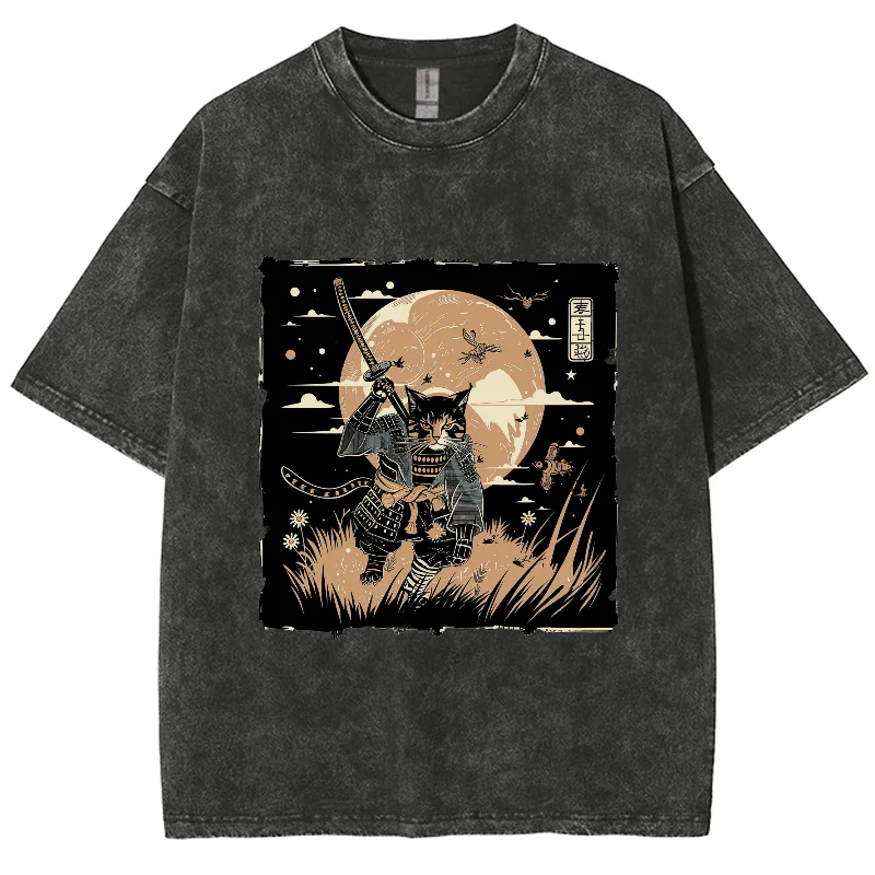 Fashion Y2K Washed Tshirt, Cartoon Samurai Cat In Ukiyoe Style, Oversized Streetwear Vintage Washed Short T-shirt For Men Women