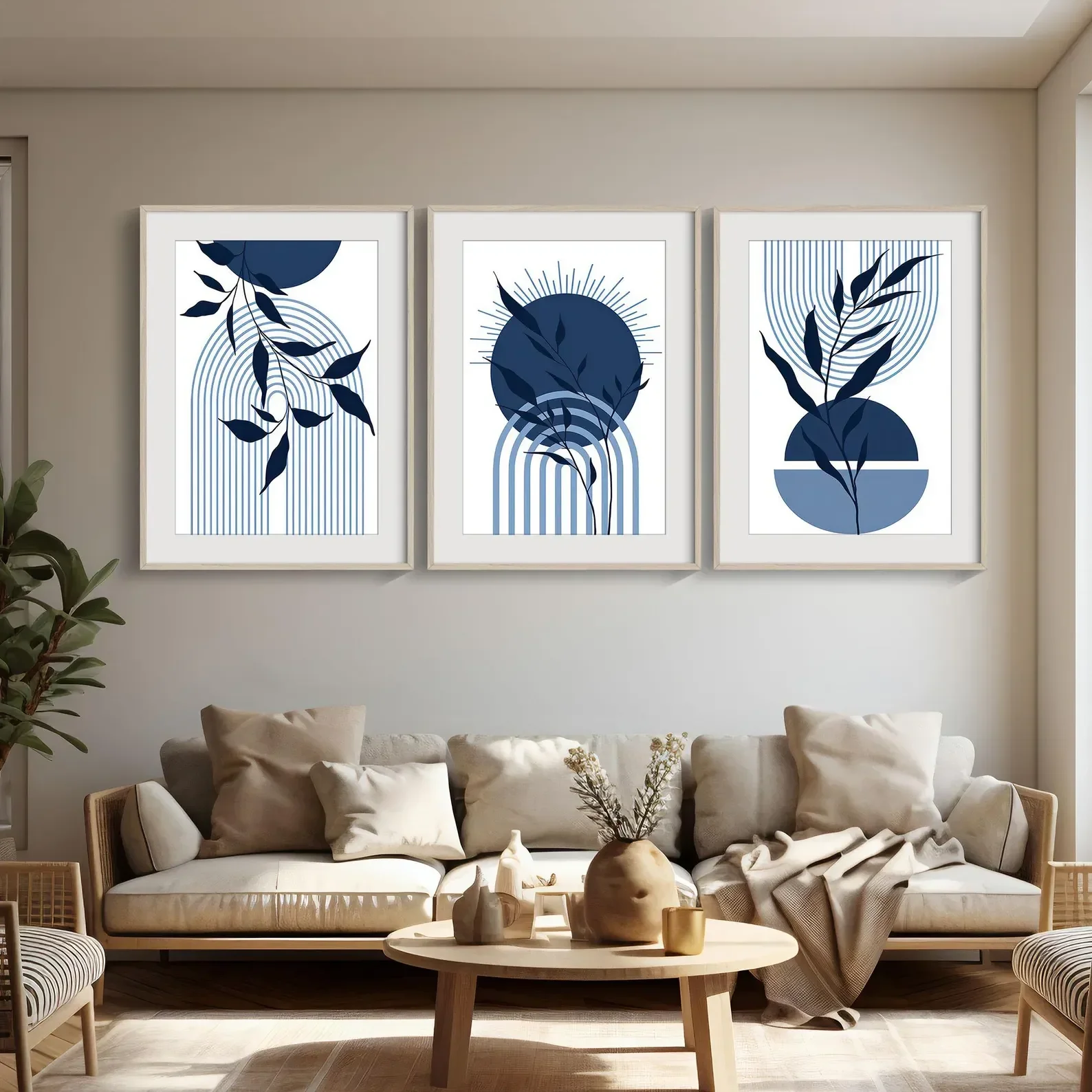 Large-sized frameless 3pcs  3PCS Navy Blue Botanical Poster Boho Blue Wall Decor  Mid Century Print  Abstract Line Wall Art