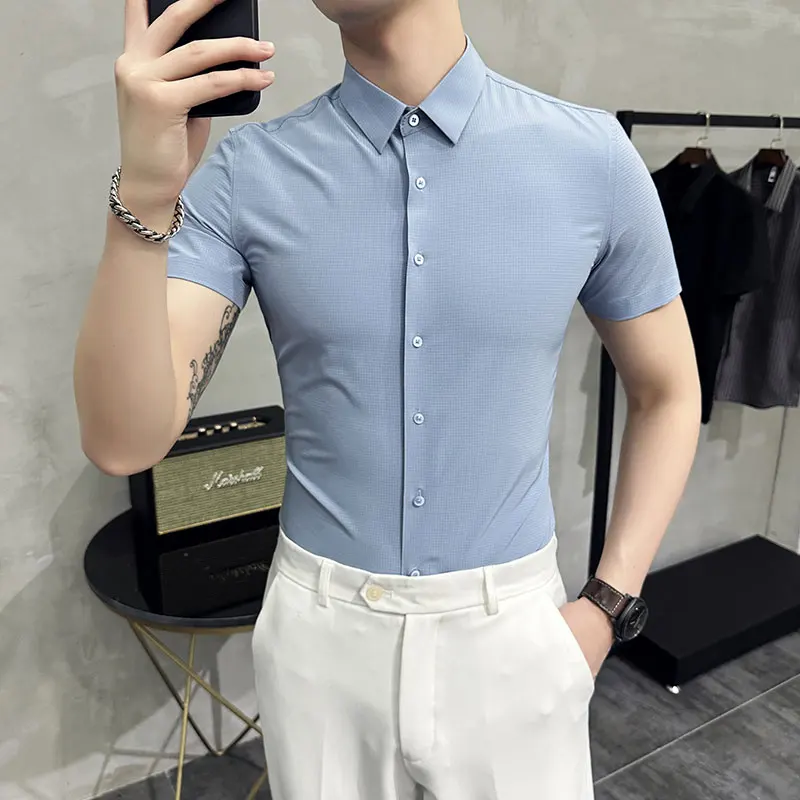 Summer New Korean Slim Fit Short Sleeve Social Men Plaid Shirt