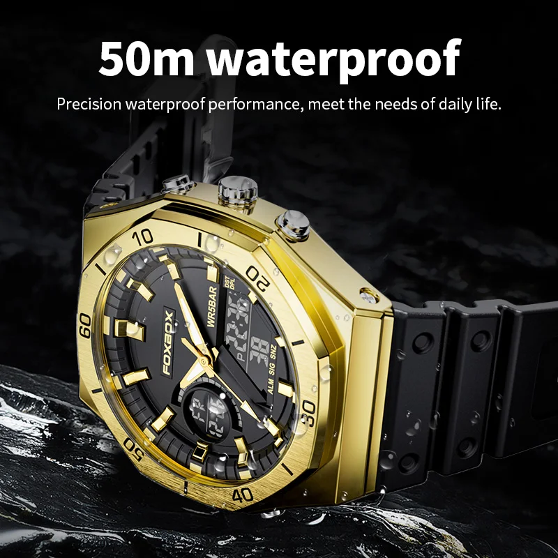 FOXBOX Fashion Men's Quartz Watch Comfort Silicone Sports Strap Military Man Watch Dual Display Waterproof Date Digital Watches