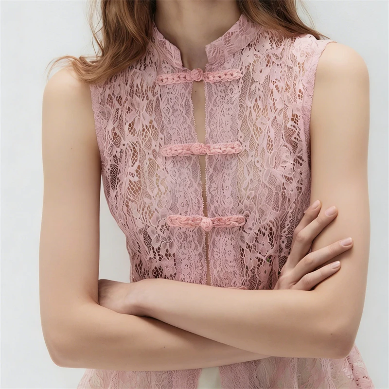 Women Y2K Boho Vintage Lace Sleeveless Top Mandarin Collar with Frog Buttons Peplum Hem Semi Sheer Blouse Elegant Streetwear