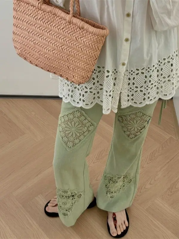 

Pants 2026 New Hollow Embroidery Breathable French Style Flare Pants Women's Holiday Casual Pants