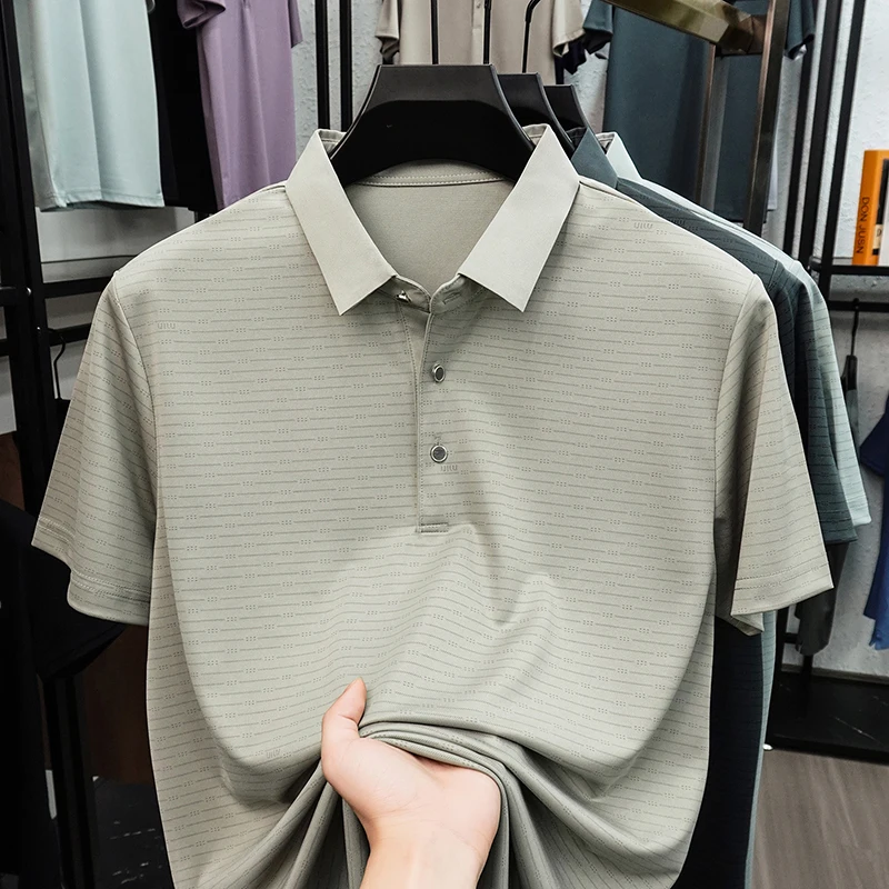 TFETTERS 2026 Summer Luxury Men T Shirt Comfort Slim Striped Pattern Smooth Ice Silk Office Non Iron Quick Dry Top Man