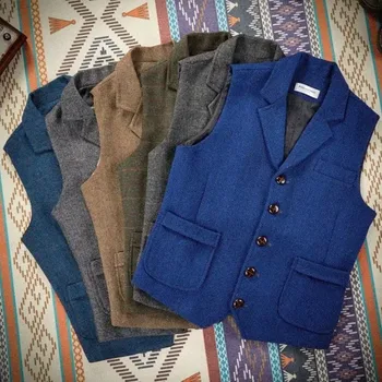 Mannen Vest Koningsblauw Steampunk Formeel Mannelijke Etnische Visgraat Wol Tweed Vintage Voor Bruiloft Zakelijk Banket Vest