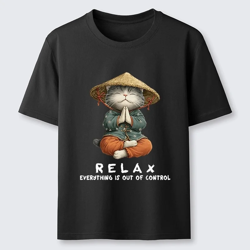 Fun Meditation Cat Classic Pure Cotton T-shirt Cartoon Pattern Pure Cotton Men and Women Loose Short Sleeved Casual