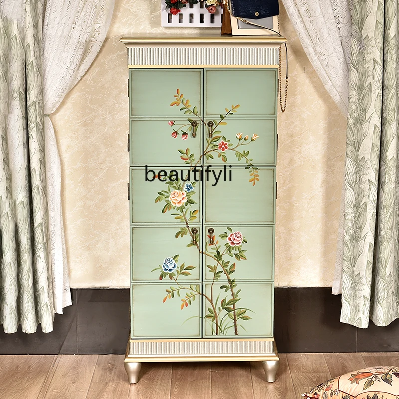 

American country, partition, living room storage, hand-painted narrow and high stacked cabinets, decorative TV side cabinet