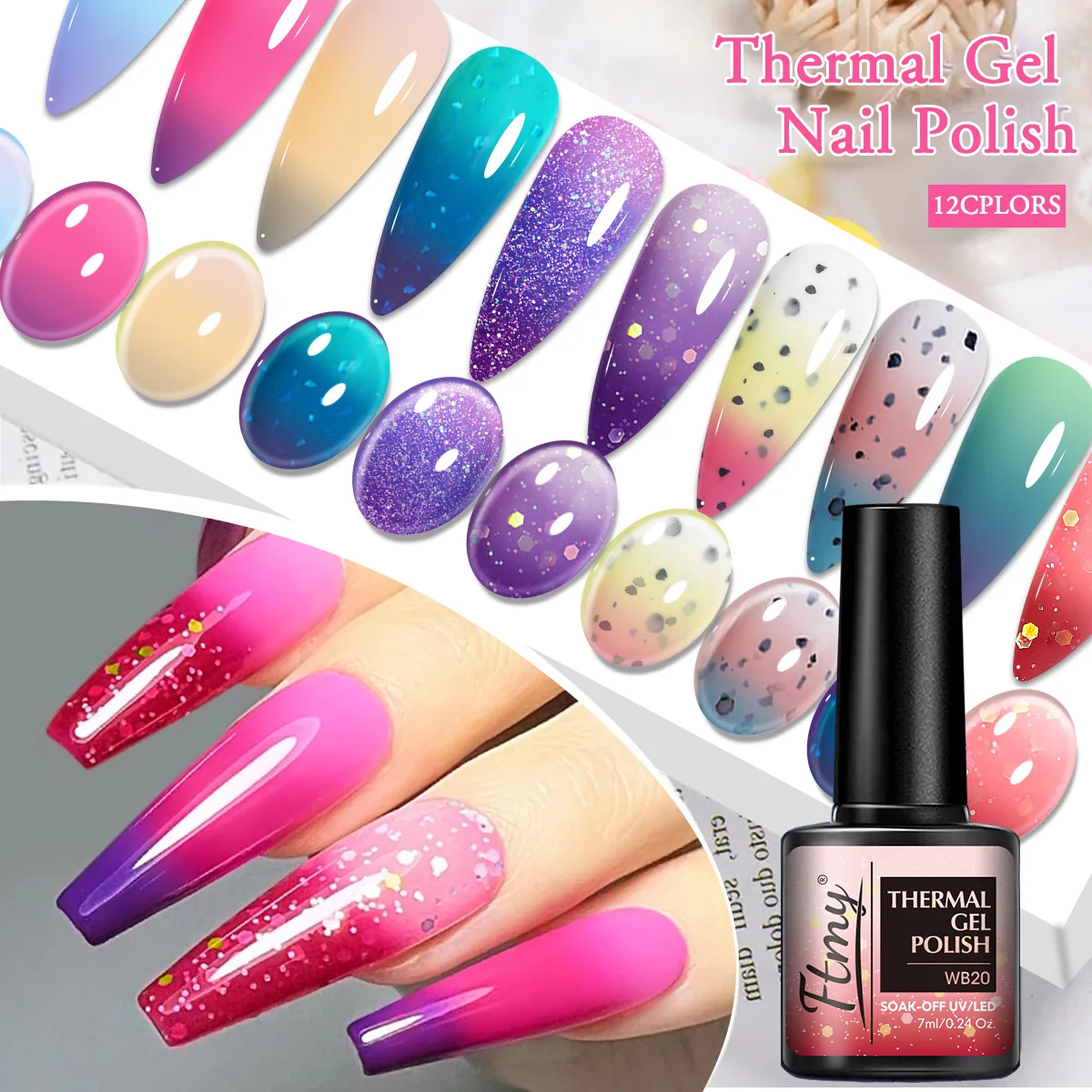مجموعة طلاء أظافر جل حساس للحرارة مكونة من 12 قطعة - حساس لدرجة الحرارة، يزيل بريق الأشعة فوق البنفسجية، ولا يسبب الحساسية، خالي من الفورمالديهايد، مناسب #6