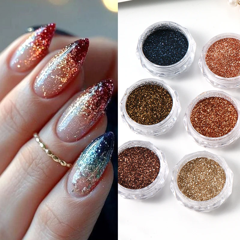 6개입 샤이니 로즈 골드 커피 브라운 슈가 네일 파우더 반짝이는 다이아몬드 크롬 플레이크 더스트 캔디 코팅 가을 겨울 글리터 매니큐어
