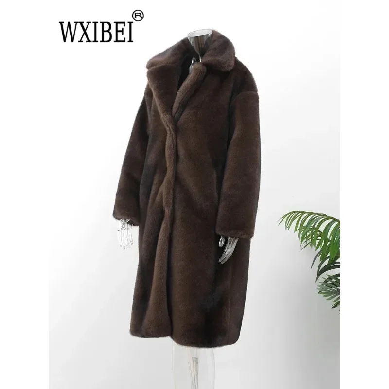 Women's Dark Brown Faux Fur Long Overcoat Single Breasted Fleece Long Trench Coat Winter Fluffy Plush Warm New Thicken Outerwear