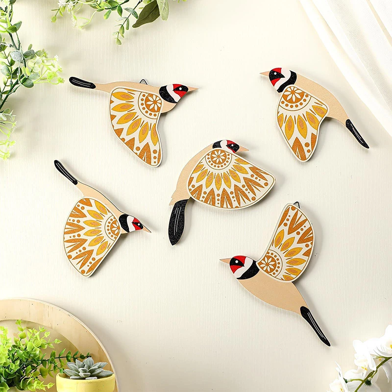 Adornos de pájaros de madera, decoraciones rústicas para pájaros, fácil instalación, pájaros voladores de madera, artesanía de madera colgante, 5 uds.
