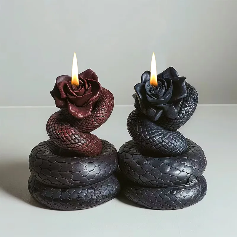 Snake Shaped Rose Flower Candle Silicone Mold Creative Handmade Aromatherapy Candle Gypsum Resin Mould Halloween Decor Gifts