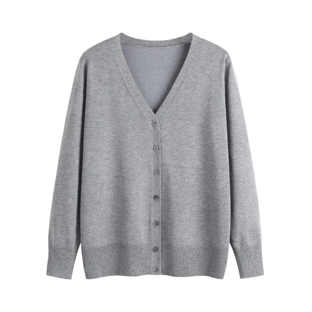 Women Knitted Cardigan Jacket Button Down V-Neck Long Sleeve Casual Sweater Solid Color Ribbed Trim Cardigan Outerwear