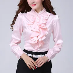Women Shirts Long Sleeve Spring Autumn Button Up Tops Fashion Lady Stand Collar Shirt Solid Color Female Elegant Blouses