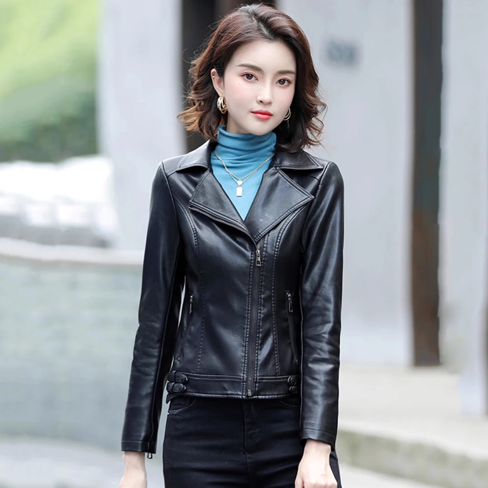 

New Women Biker Leather Jacket Spring Autumn Fashion Casual Suit Collar Long Sleeve Slim Short Split Leather Coat Streetwear