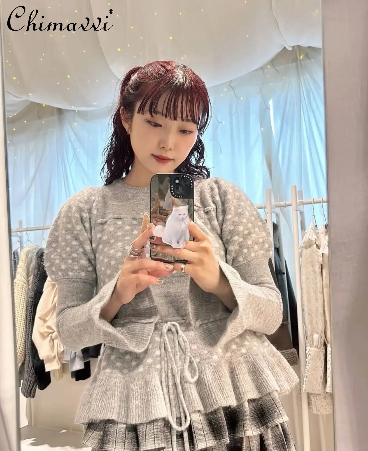 اليابانية الحلو كشكش الخصر البولكا نقطة سترة الخريف الشتاء موضة جديدة جولة الرقبة طويلة الأكمام سليم صالح البلوز محبوك #4