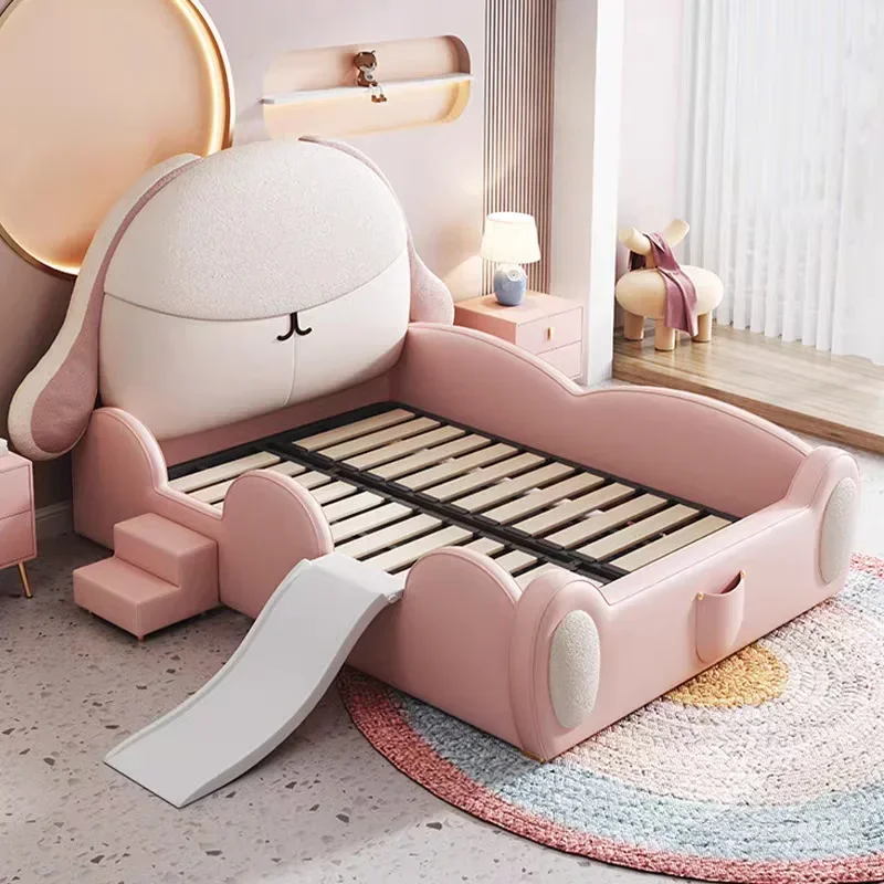 Children's furniture Children's bed with storage Single bed Lamb wool Rabbit pink Modern minimalist slide bed