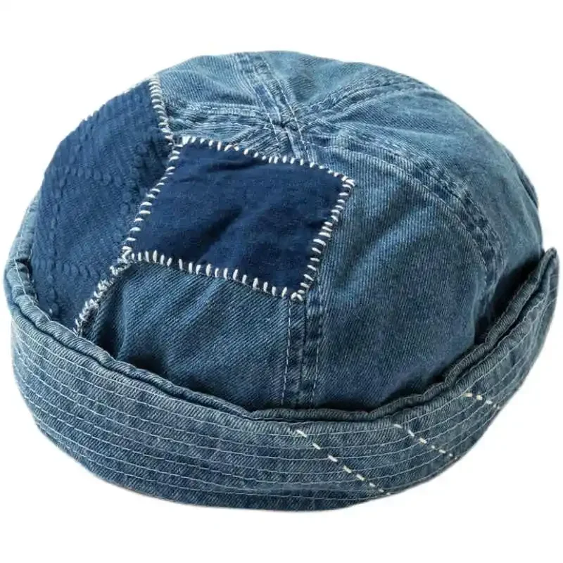 New Arrival Blue Dyed Embroidered Handmade Patch Melon Skin Brimless Hat Men's and Women's Dome Universal Denim Cap