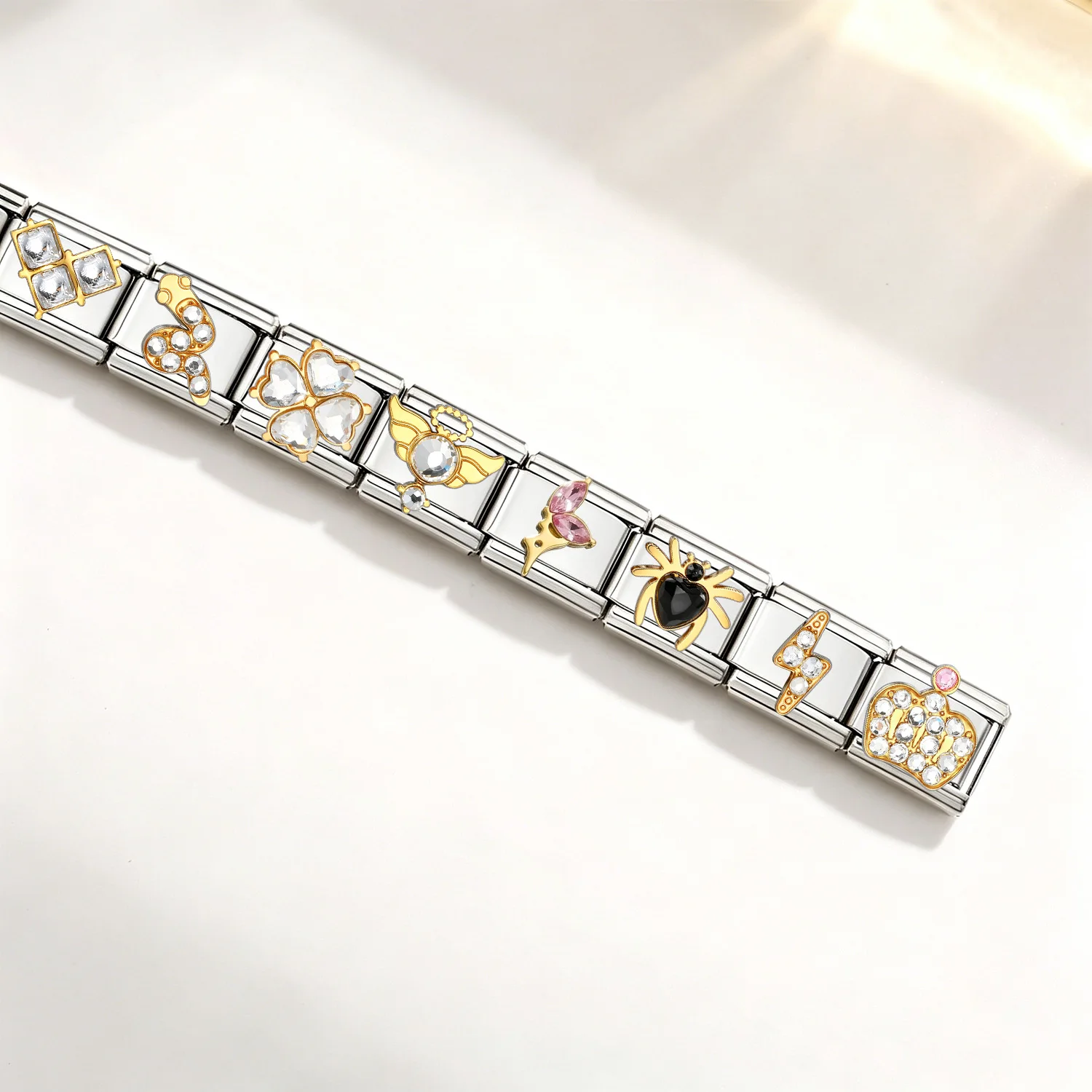 URING Schleifenanhänger Glücksklee Schlangenturm Ballett Engel Zirkonia Italienische Gliederkette Passend für 9mm Edelstahl Schmuckherstellung DIY Charm Armband – Detail 4