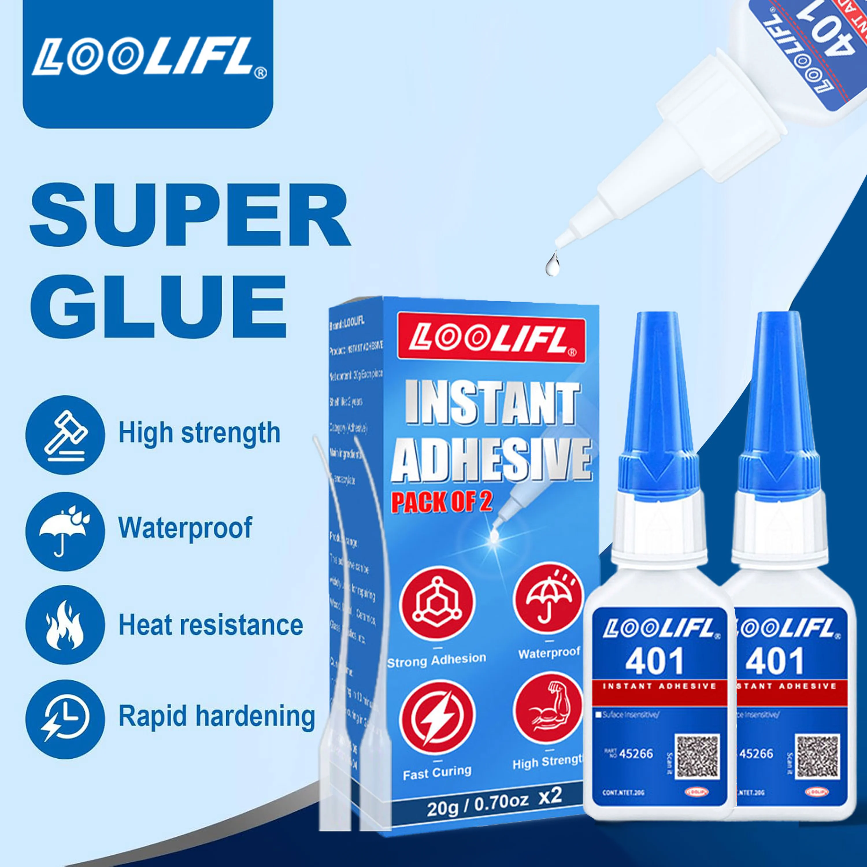 20g/Stück einzeln verpackt 401 Super Glue Leistungsstarker Sofort-Universalklebstoff, Cyanacrylat-Klebstoff für alle Fälle Schnelltrocknende Klebegeräte, Oberflächenunempfindlich
