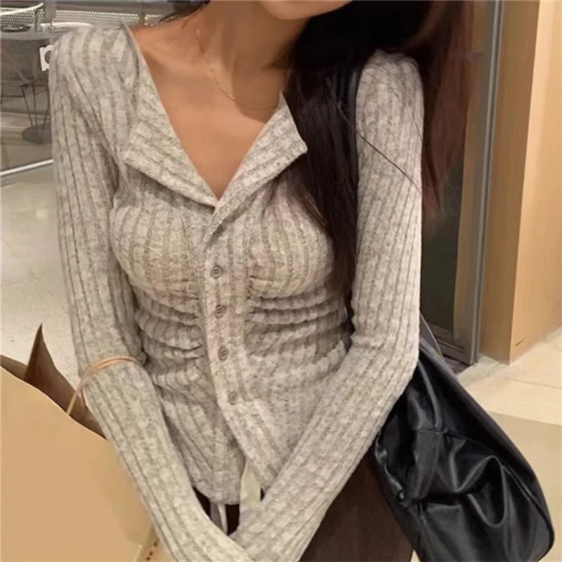 Korean Knitted Cardigan for Women, V Lapel, Long Sleeve, Knitted Jumper Collar, Vintage Sweater, Slim Coat, New Clothes, Y2k