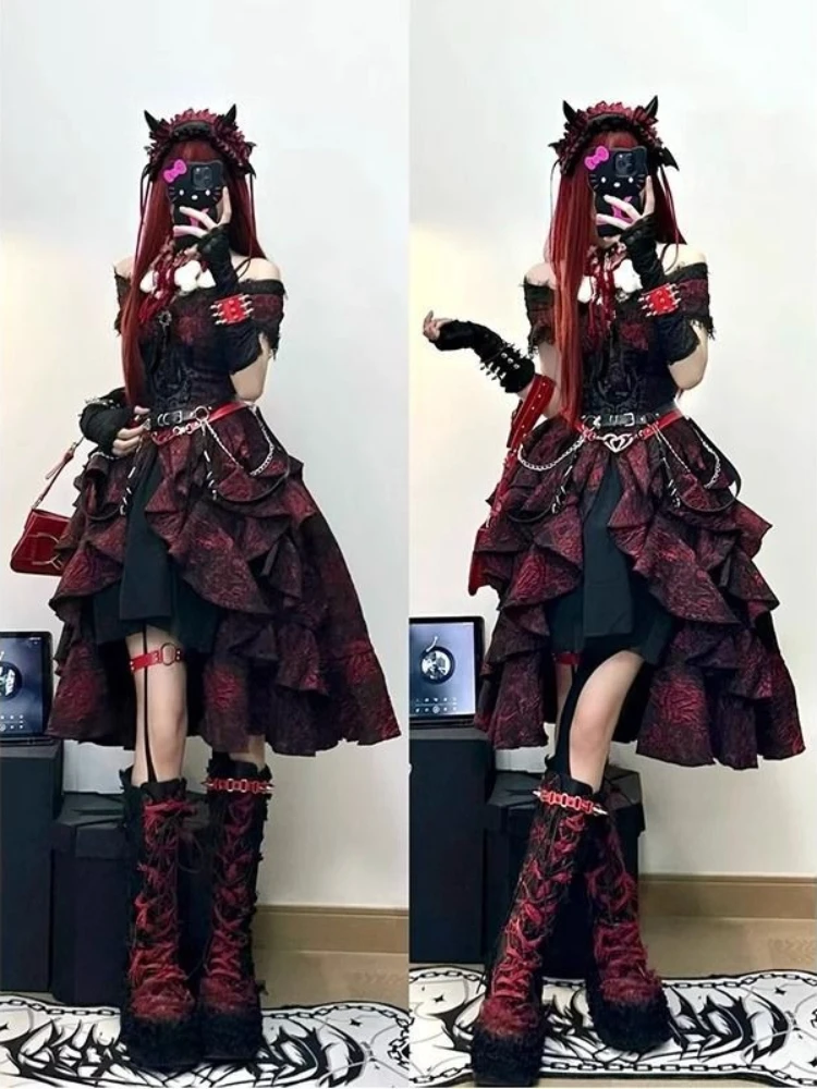 Gothic Lolita Dress Sexy Black Red Printed Studded Chain Off Shoulder Tiered Ruffle Slim Fit Women Girls Party Cosplay Clubwear - view 3