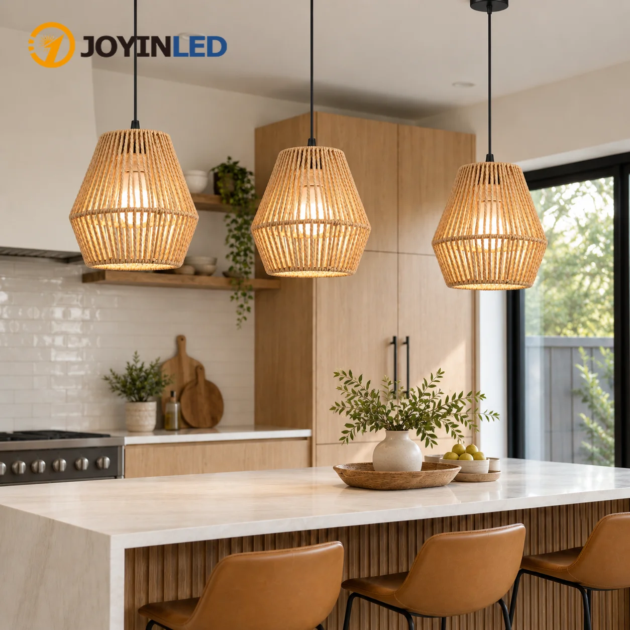 JOYINLED Dia 18CM Rattan Pendant Light Handmade Woven Boho Wicker Chandelier for Kitchen Island Bedroom Living Room