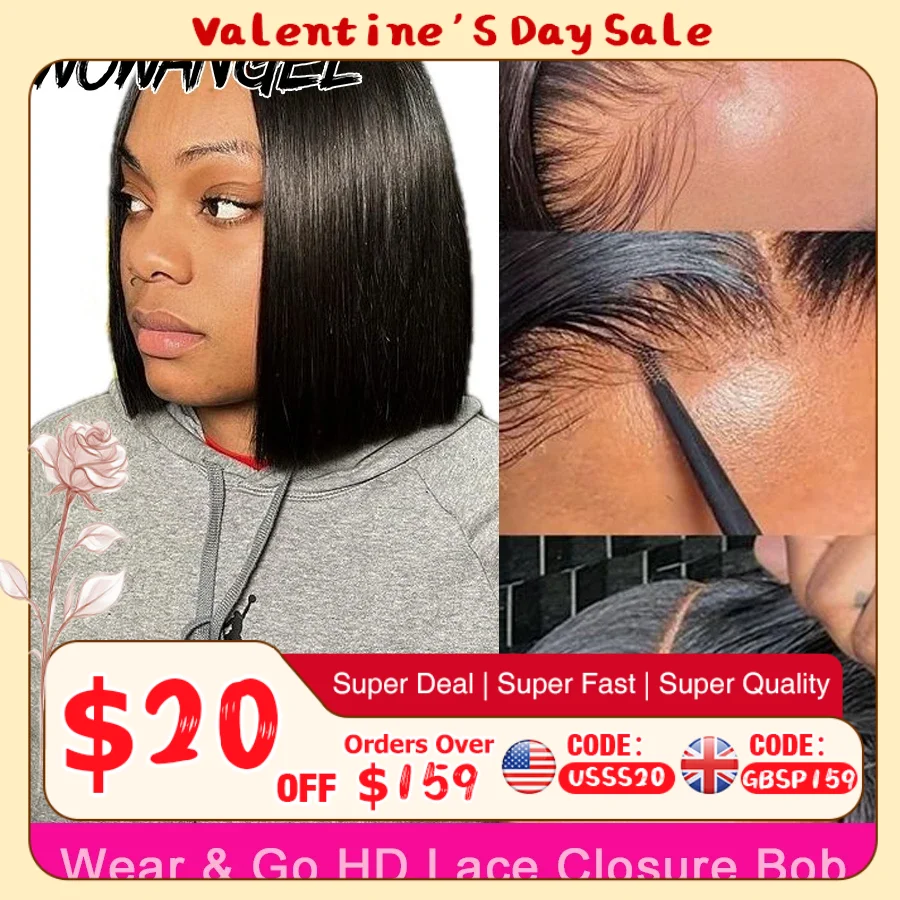

Wow Angel Straight Short Bob 5x5 HD Lace Closure Wig Ready to Go Glueless Human Hair Wigs Undetectable PrePlucked Wigs for Woman