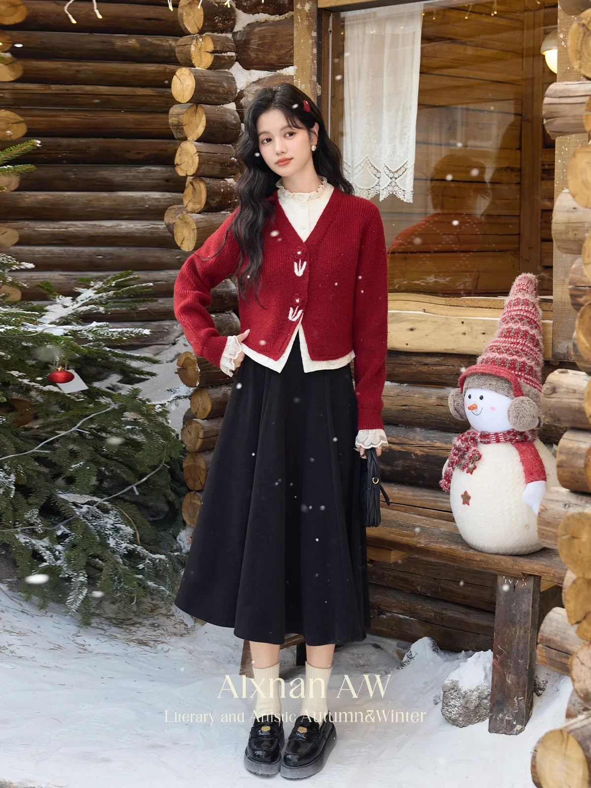 ALXNAN-suéteres 2 en 1 de talla grande para mujer, cárdigans con cuello redondo y puños con volantes, cárdigans con botones de polluelo de ganchillo, Top de punto para invierno 2024 D08739