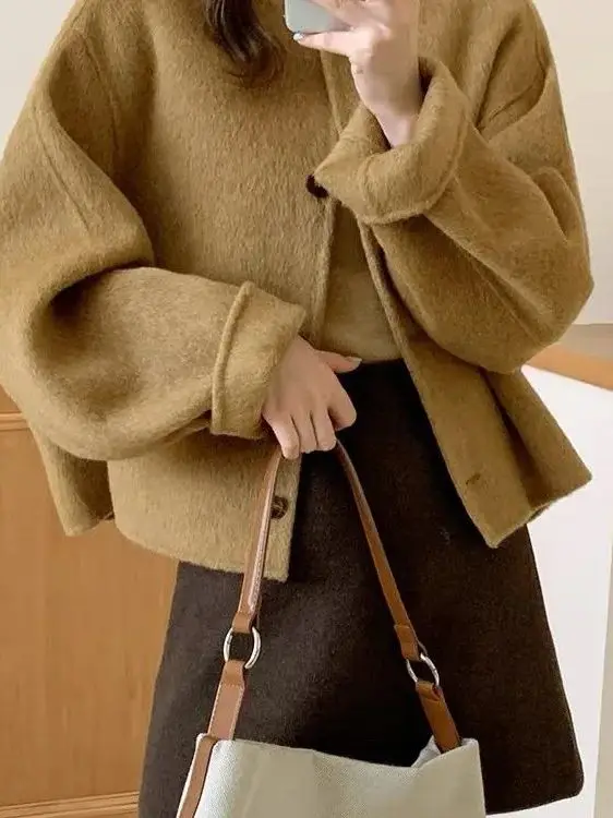 Korean Style Loose Fit round Neck Short Double Face Woolen Coat Women's Fashionable Small Fragrance Wind Coat Korean Style