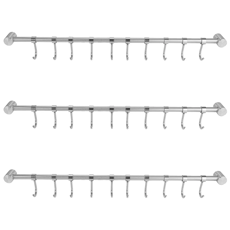 3X Kitchen Rail Rack Wall Mounted Utensil Hanging Rack Stainless Steel Hanger Hooks 10 Sliding Hooks