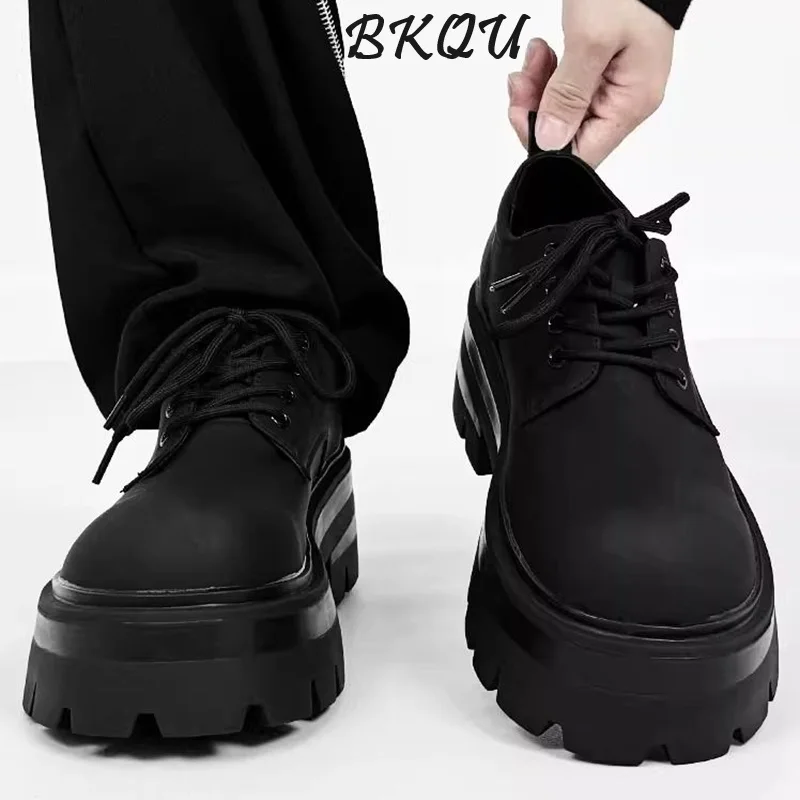 

BKQU Derby Shoes Men's Thick Sole Cleanfit Big Head British Style Inside Increase Round Head Commuter Leather New Black Shoes