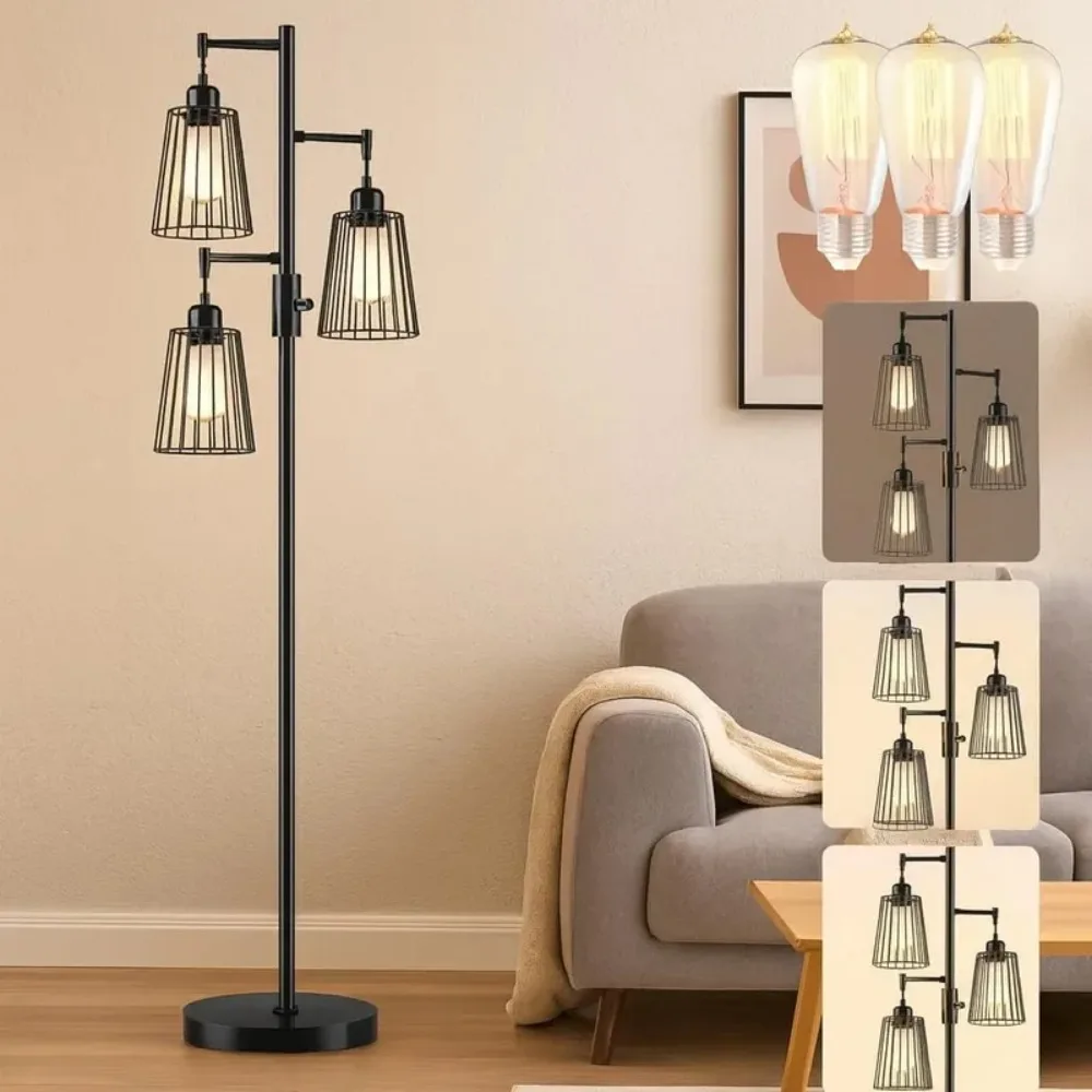 Dimmable Industrial Floor Lamp Farmhouse Floor Lamp Standing Lamp with 3 Elegant Teardrop Cage Heads Included 3 x 1200LM