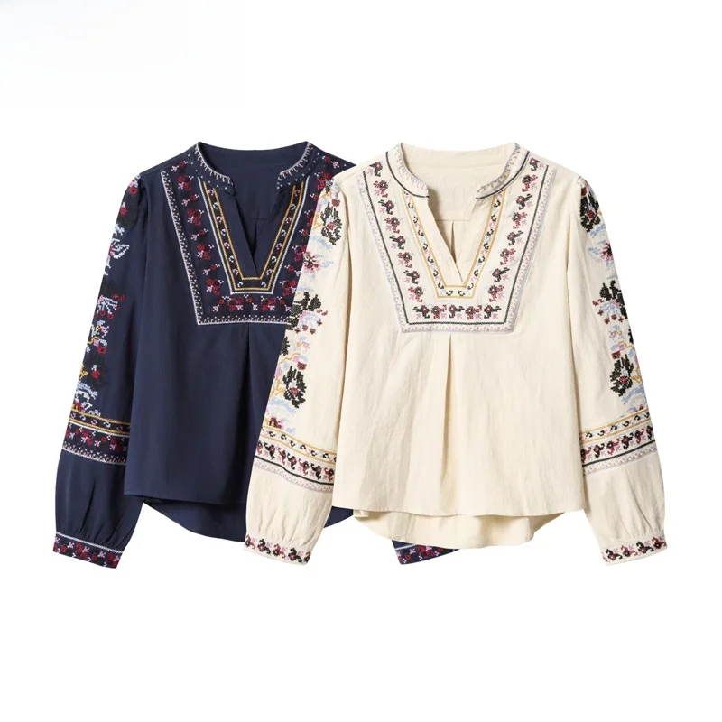 

ZBZR Spring New Women's Faionable Simple V-ne Embroidered irt Casual Loose Polyester Fiber Long Sve Regular Length