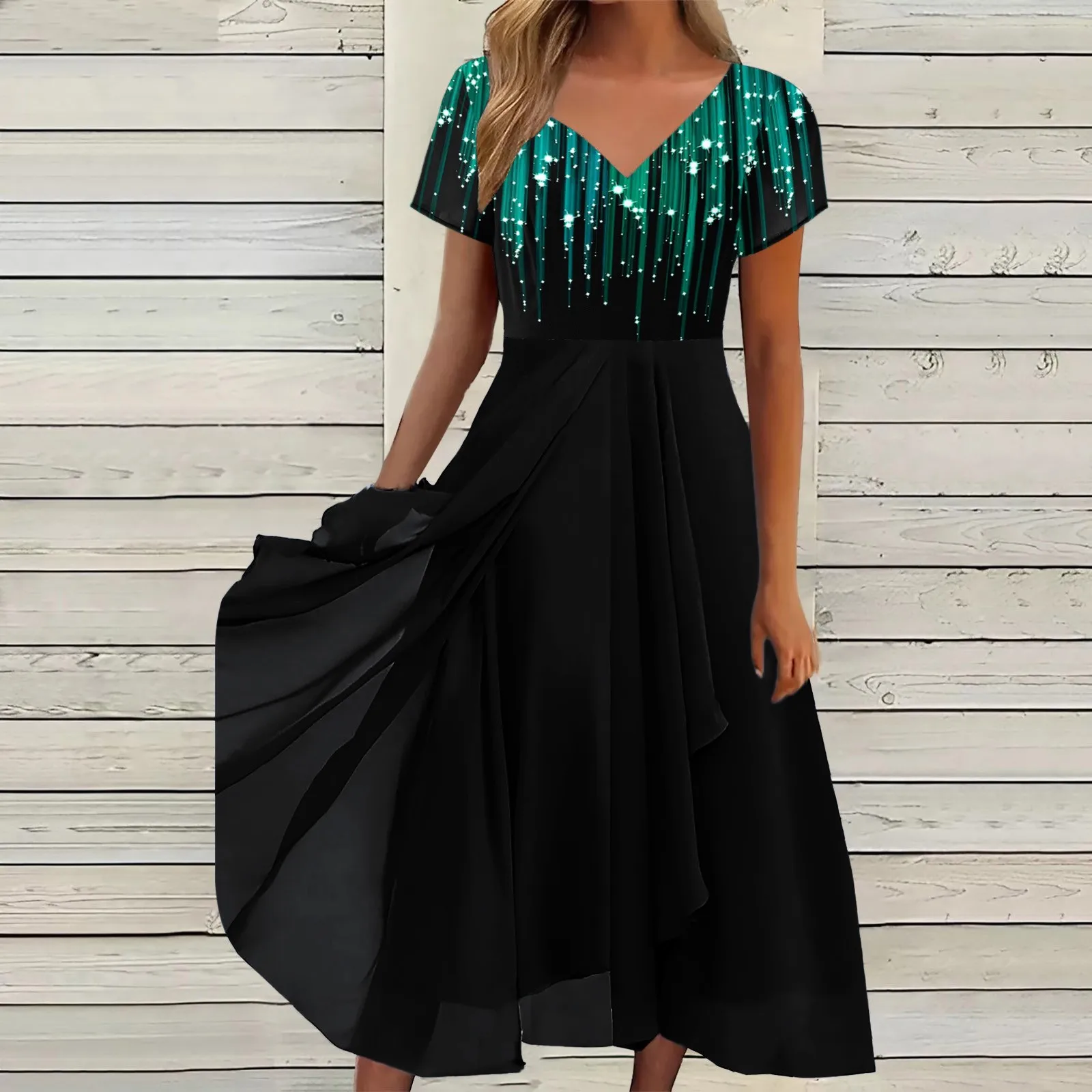 Robe longue d'été en mousseline de soie, tenue de soirée élégante, imprimé doré, col en V, manches courtes, maxi, vintage, à la mode, 2023