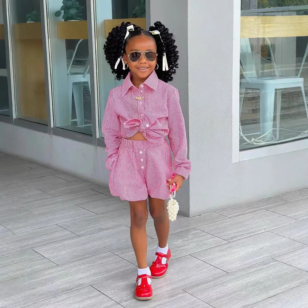 Europe and the United States girls children's suit 2025 new fashion long-sleeved plaid shirt fluffy shorts 2-piece set summer