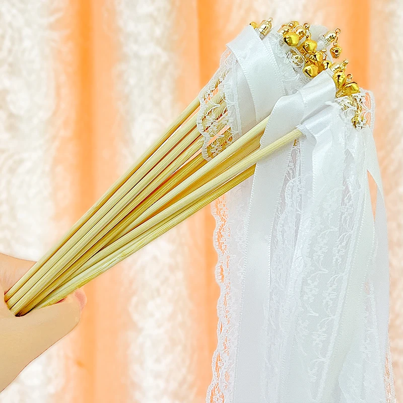 5pcs White Ribbon Wand Fairy Sticks Wedding Twirling Lace Streamers With Golden Bell Wedding Party Deco Ribbon Twirling Streamer