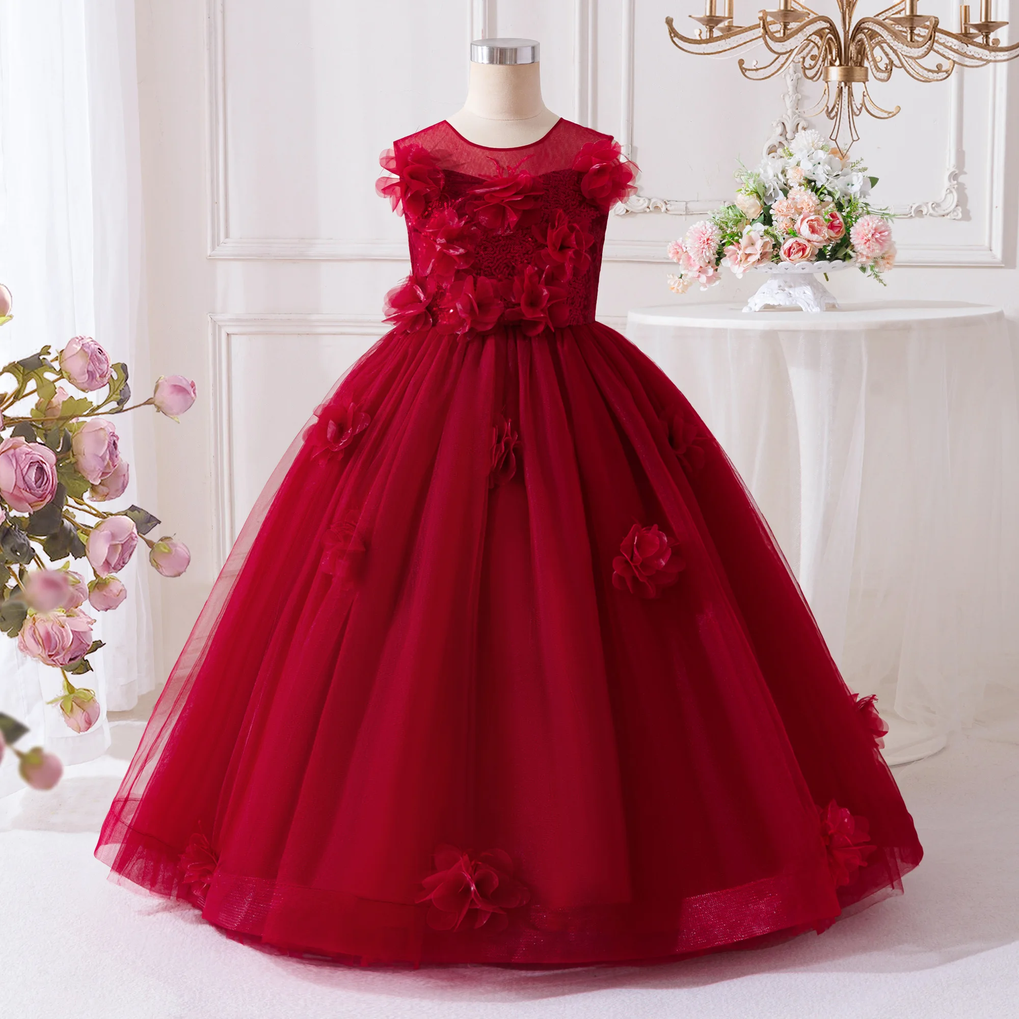 Elegantes Blumenmädchenkleid für Sommerhochzeit, Brautjungfern, Prinzessinnen-Party, Abschlussball, Gala, Festzug, Weihnachten, Abendballkleid