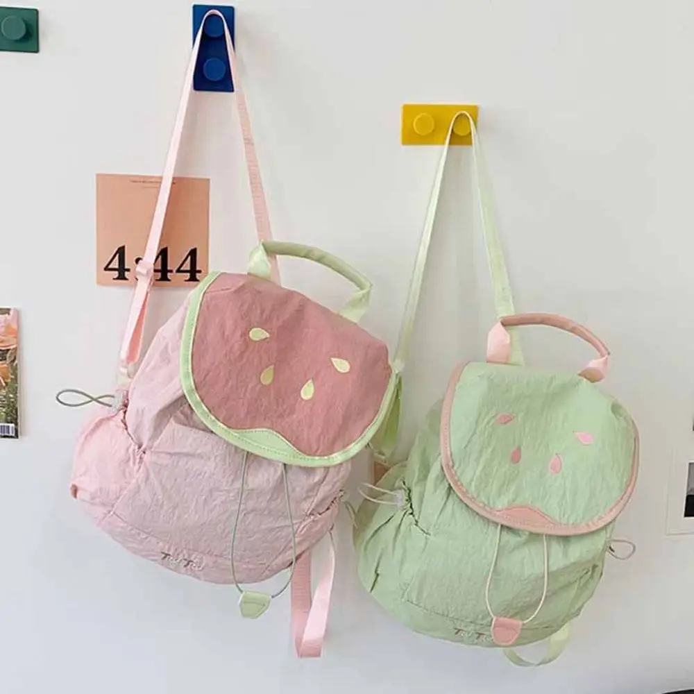 Dopamine Color Strawberry Drawstring Backpack Travel Korean Style Fruit Nylon Backpack Book Bag Commute Hiking Shoulder Bag