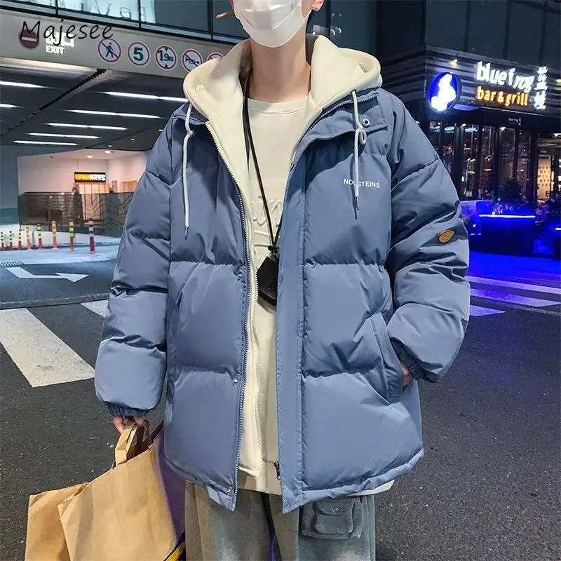 Hooded Parkas Men Spliced Solid Loose Daily Korean Style Winter Warm Teenagers Minimalist Hipster Slouchy High Street Classic