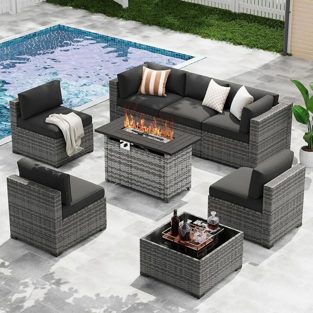 

8-Piece Outdoor Wicker Furniture Set with 44 Fire Pit Table and Waterproof Cover