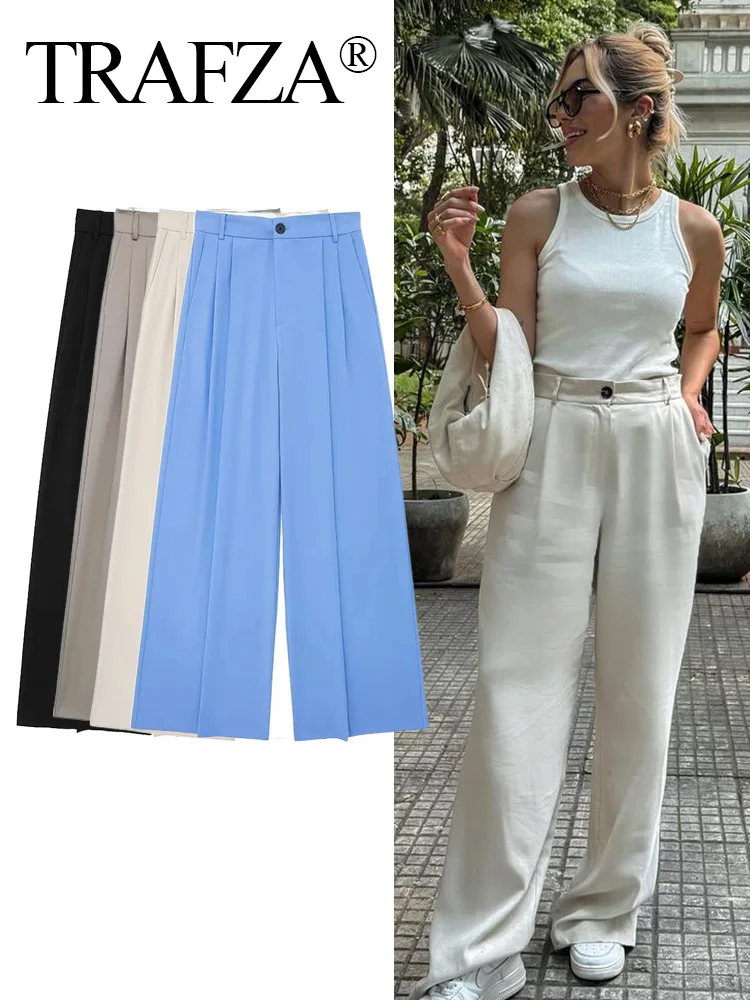 TRAFZA 2024 Casual Suit Pants for Woman Zipper High Waist Wide Leg Loose Pants Pockets Female Summer Folds Elegant Long Trousers