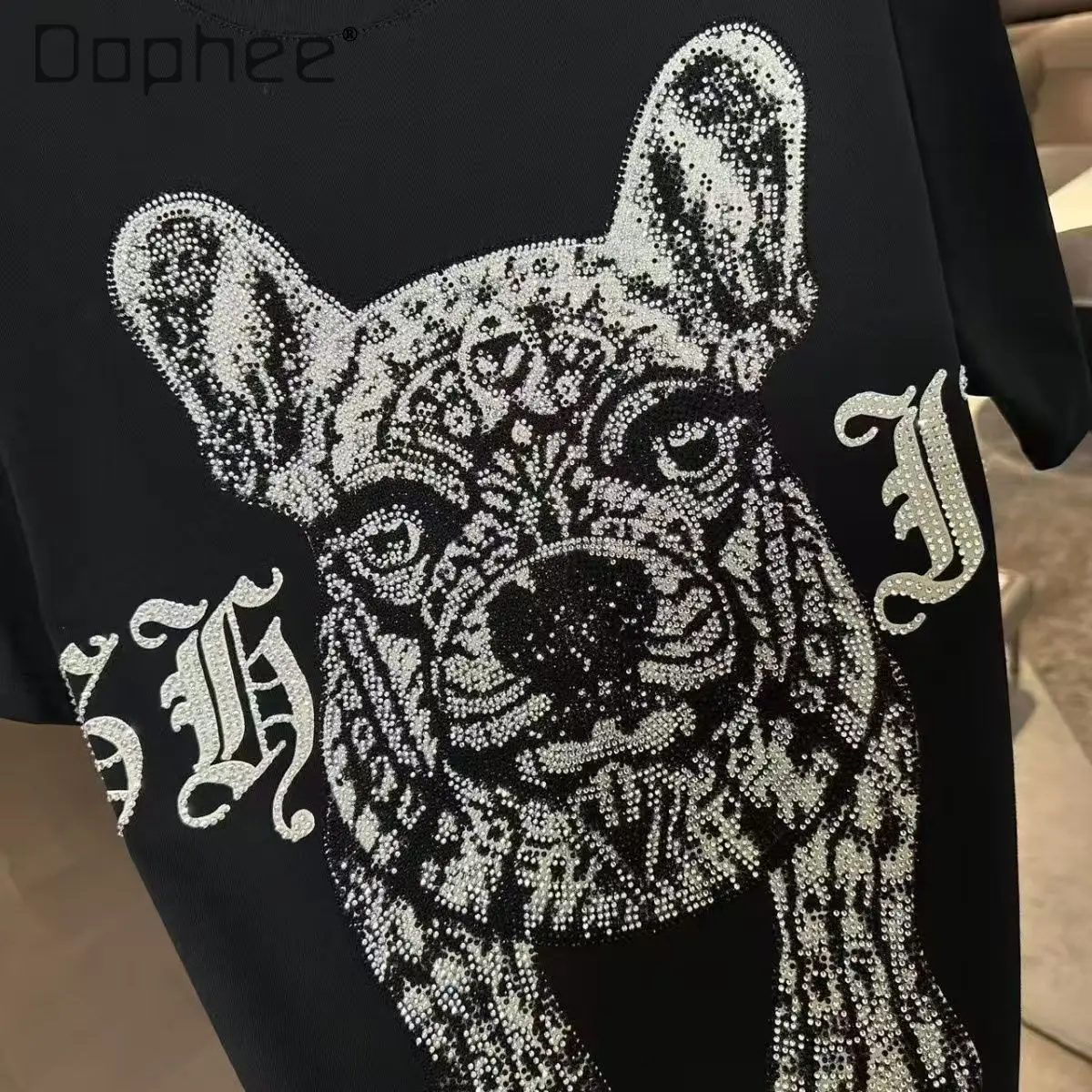 

2026 Summer New Men's Fashion Cool Bulldog Rhinestone Loose Casual Daily White Black Pink Round Neck Short Sleeve T-Shirt