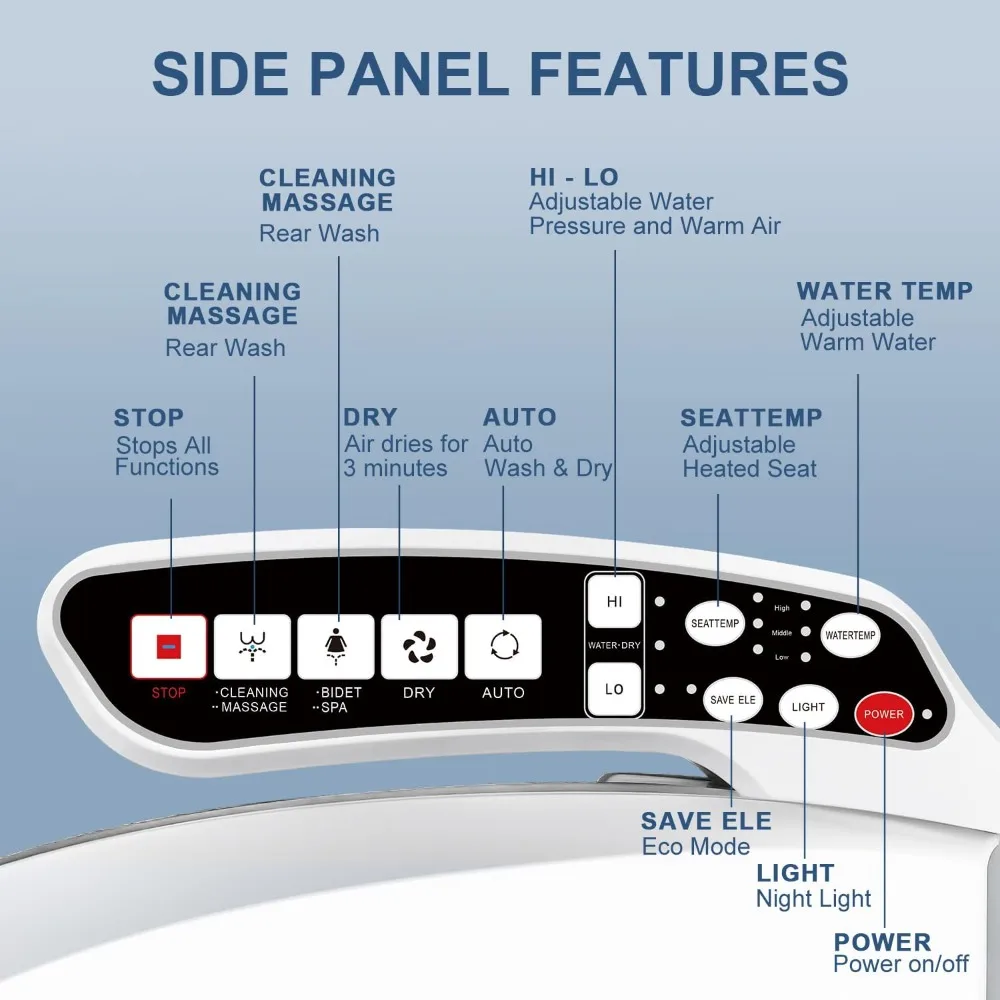 CMA102 مقعد مرحاض بيديت، ممدود ذكي غير محدود للمياه الدافئة، غسيل دوامي، تسخين إلكتروني، مجفف هواء دافئ، خلفي وأمامي C