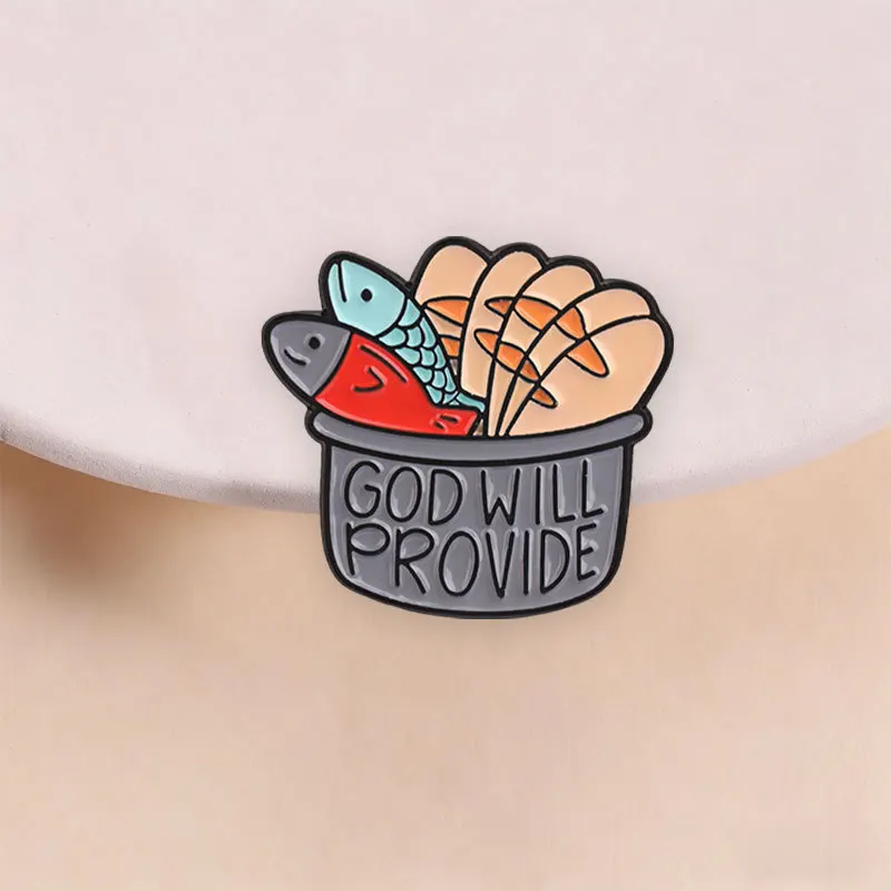 Creative Cartoon Fish and Bread Can Brooch God Will Provide Phrase Metal Badge Pin DIY Clothing Bags Hat Scarf T-shirt Accessory