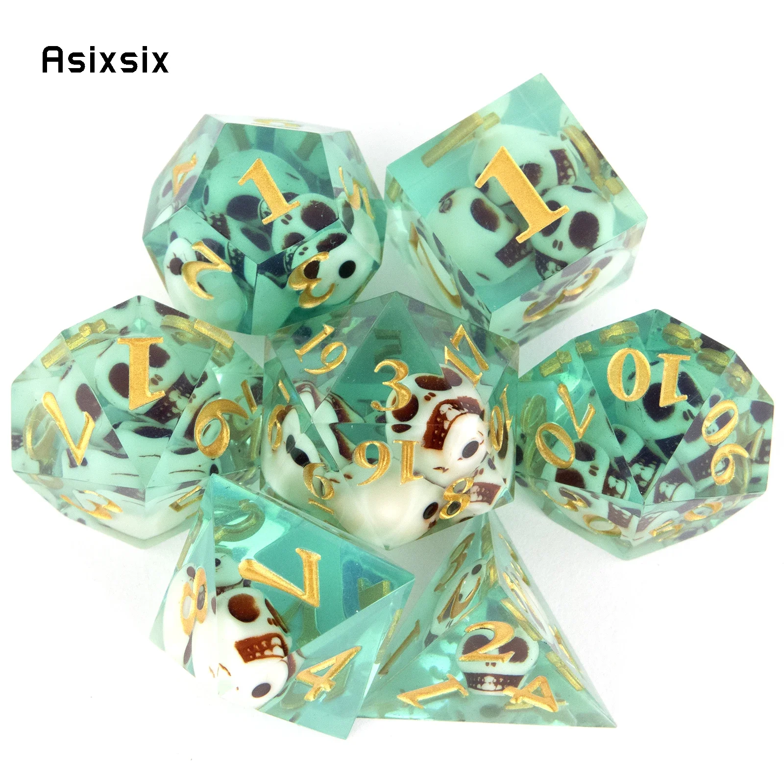 

7 Pcs Green Skull Resin Golden Number Sharp Edge Dice Polyhedral Dice Suitable for Role-Playing RPG Board Game Card Game